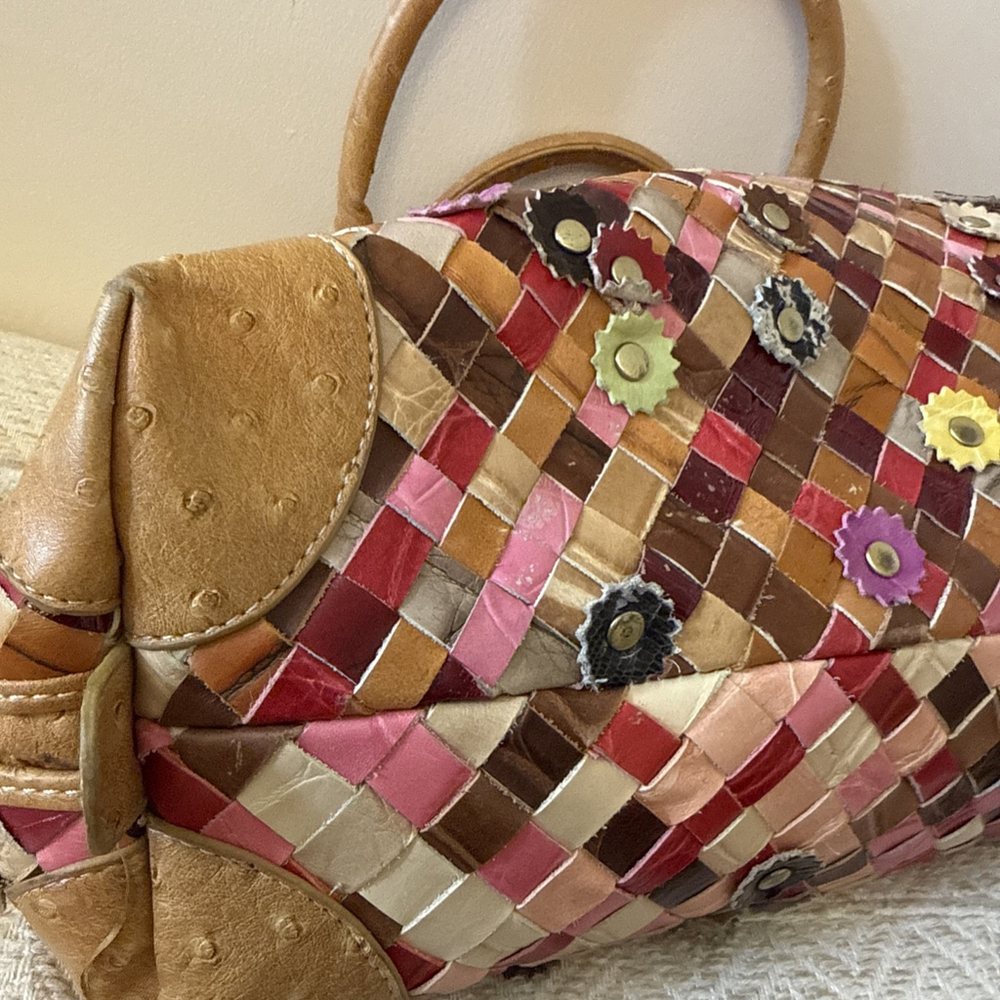 Handmade Woven Multi Color Leather Bohemian Bag with Flower Appliqué Accent - Picture 7 of 9